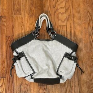 Francesco Biasia Beige Canvas Brown Leather Trim Shoulder Bag Tote Bag